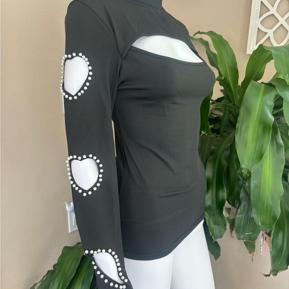 Black Long Sleeve Top with Heart Cutouts - Picture 1 of 5